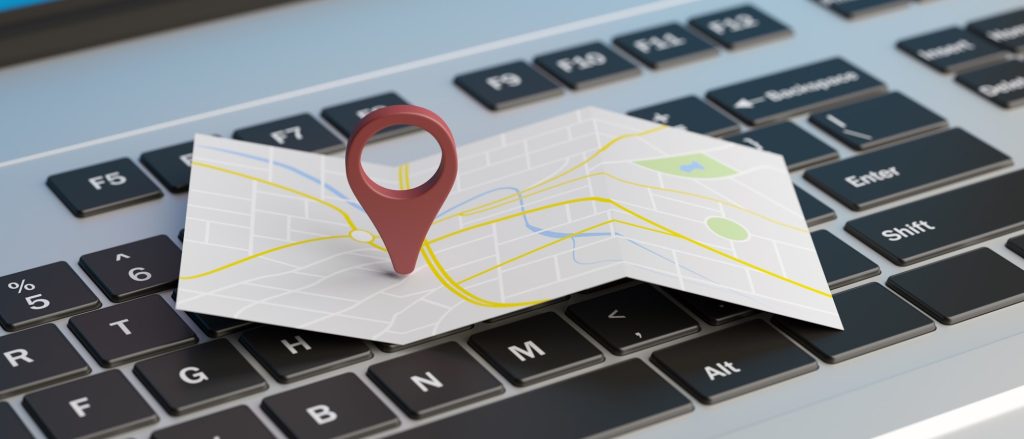 Map pointer location on a laptop. 3d illustration showing local seo importance